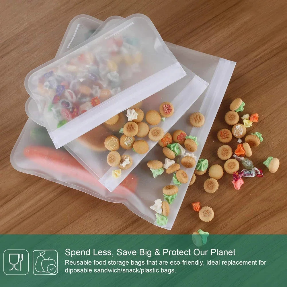 10PCS Food Grade Silicone Food Storage Bags Fresh-keeping Sealed Containers Leakproof Durable Reusable Stand Up Zip Freezer Bags