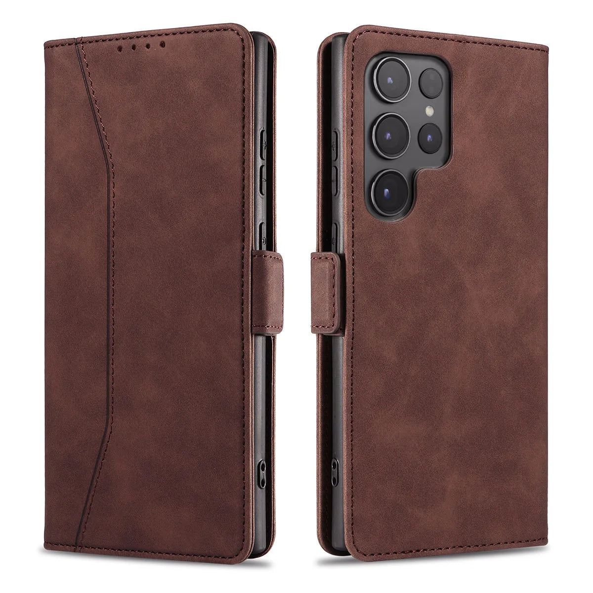 For Samsung Galaxy S22 Ultra 5G Leather Case Rugged Phone Flip Card Slots Magnetic Wallet Phone Cover Dark Brown
