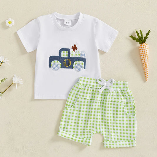 Adorable Infant Boys Summer Outfits Embroidered Round Neck Tee and Shorts Set for Easter Celebrations - 2 Piece Set