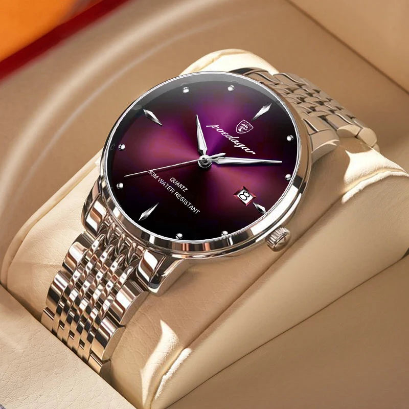 POEDAGAR Business quartz men's watch stainless steel waterproof night light date men's watch luxury casual simple men's watch
