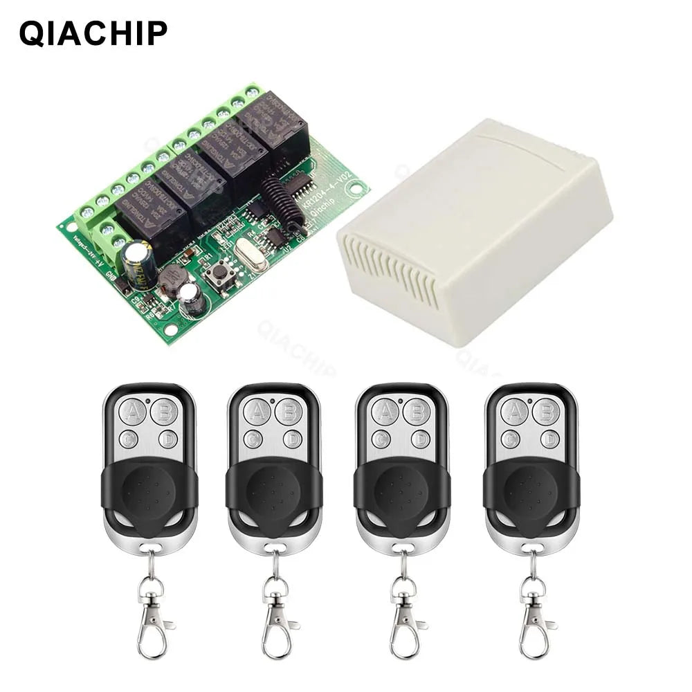 QIACHIP 4CH 433.92MHz Relay Module – DC 5V/12V/24V/48V 10A Wireless Remote Control Switch for EV1527, DC Motor DIY