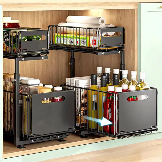 2 Tier Pull Out Cabinet Organiser Adjustable Under Sink Storage Rack Slide Out Drawer Kitchen Spice Jar Storage Shelf