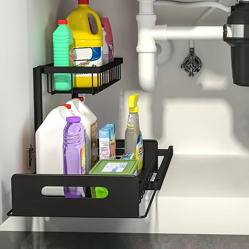 Under Sink Organisers, Metal Pull Out Under Sink Organisers,Storage Shelves with Sliding Drawer,Under Sink Storage for Kitchen