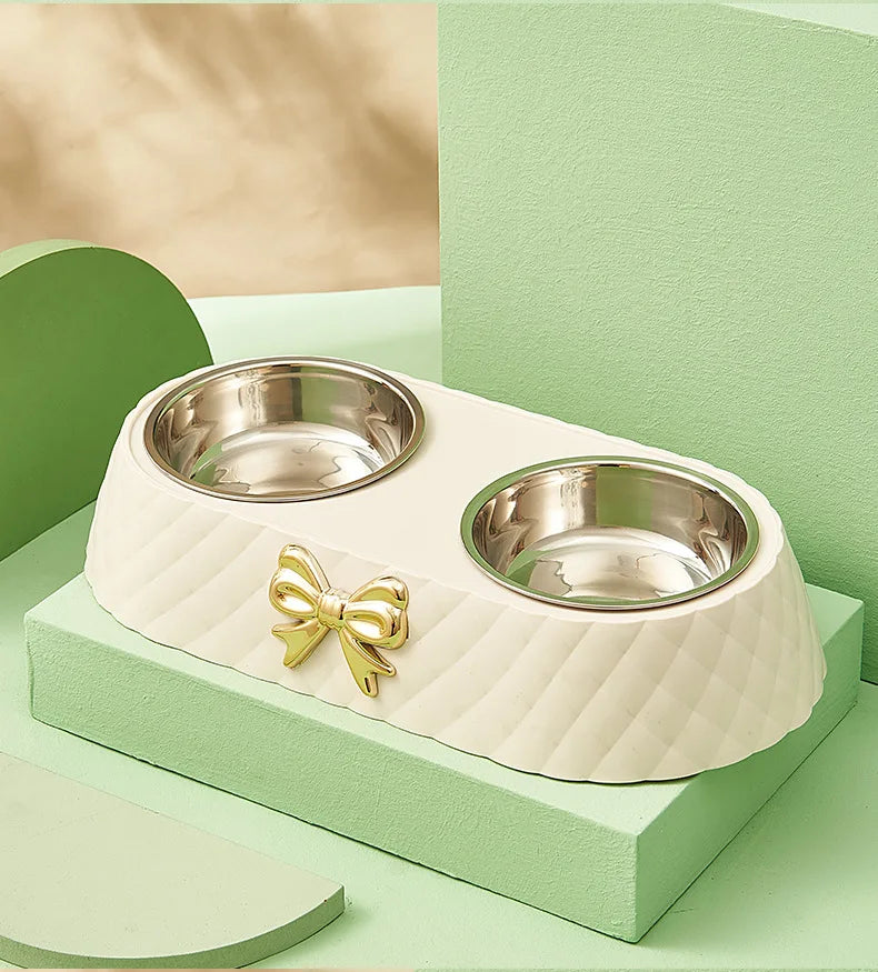 Double Pet Bowl for Cats & Dogs – Bow-Tie Design, Stainless Steel Food & Water Feeder with PP Base