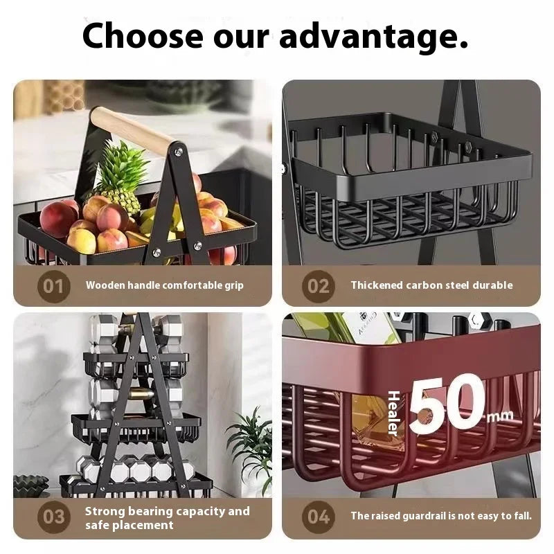 2-3 Tiers Countertop Fruit Basket Portable Iron Art Kitchen Organiser for Fruits Bread Snacks Storage Rack