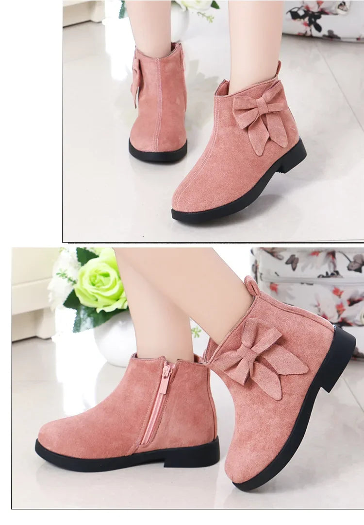 2023 Girls Boots Leather Sport Shoes For Girls Children Warm Boots Fashion Soft Bottom Princess Snow Boots Kids Sneakers