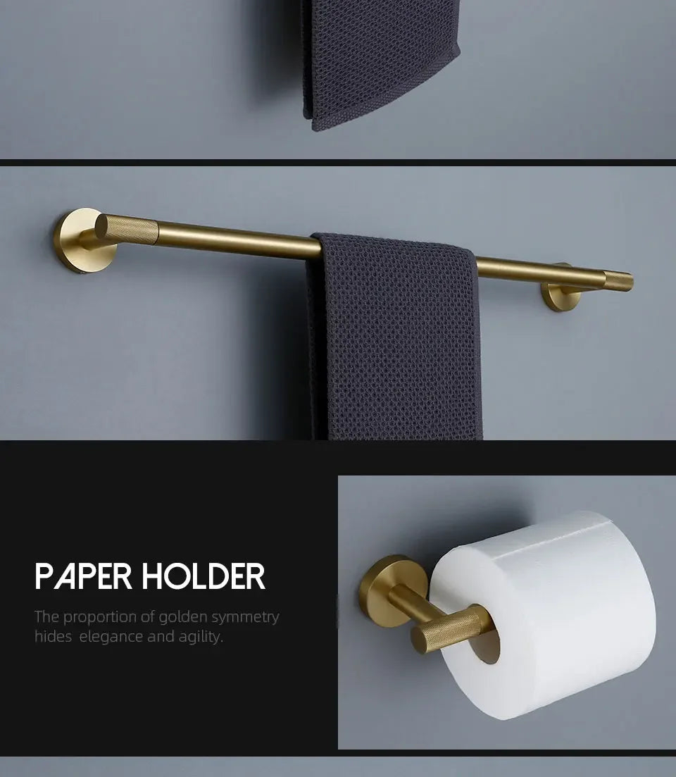 Bathroom Hardware Accessories  Brushed Gold Knurled Brass Kit Towel Bar Ring Robe Hook Paper Holder Towel Ring Toilet Brush
