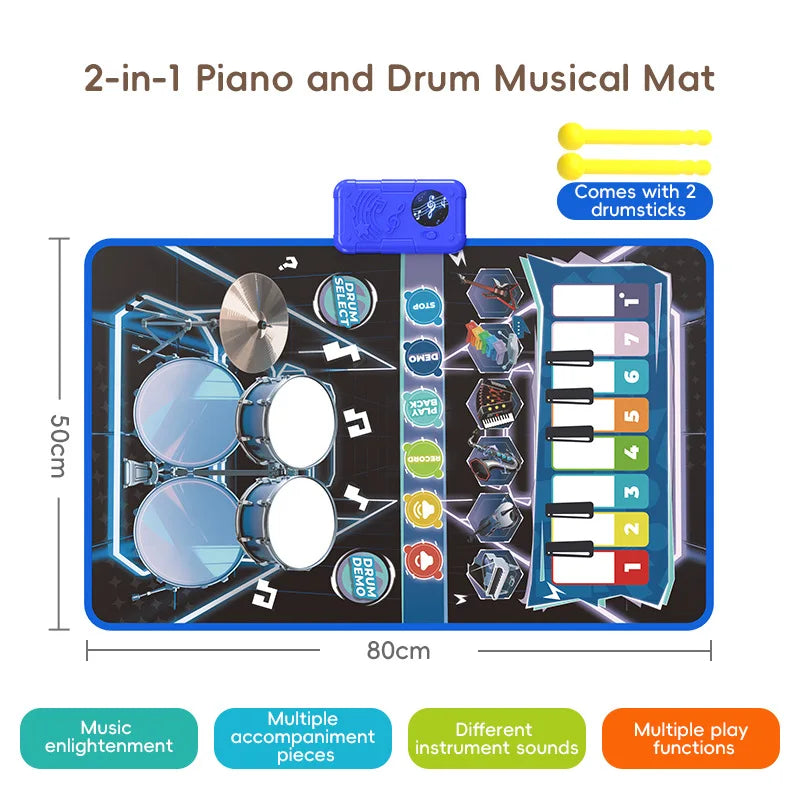 Baby Musical Piano Drum Mat Educational Floor Keyboard Instruments Music Hit Drum Carpet Learning Toys For Boy Girl Toddler Gift