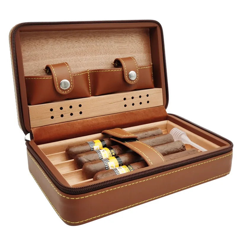 4pcs Humidor Cigar Box Travel Cigar Case orginiser without cutter lighter Leather Cedar Wood Cutter smoking accessories storage