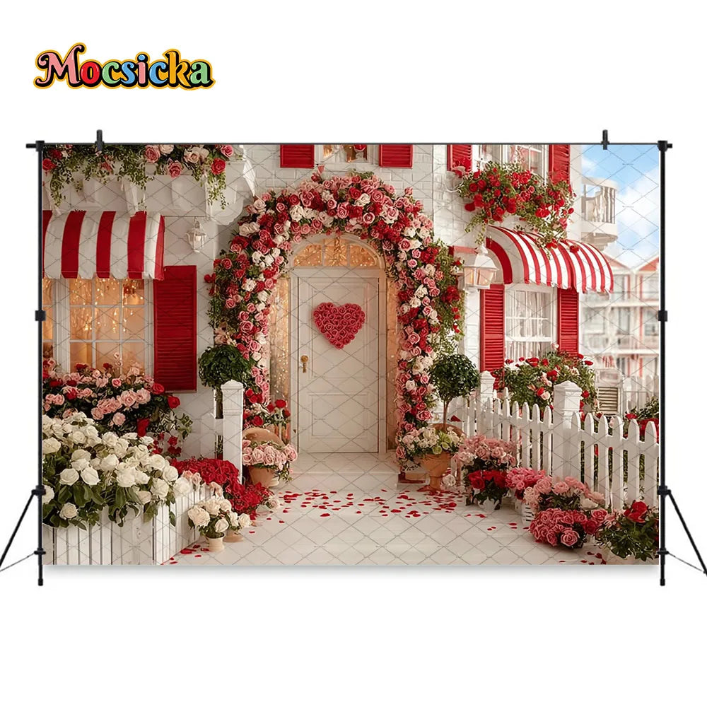 Mocsicka Valentines Day Flower Shop Backdrop Photography Red White Striped Floral Garden Background Kid Photo Shoot Studio Decor