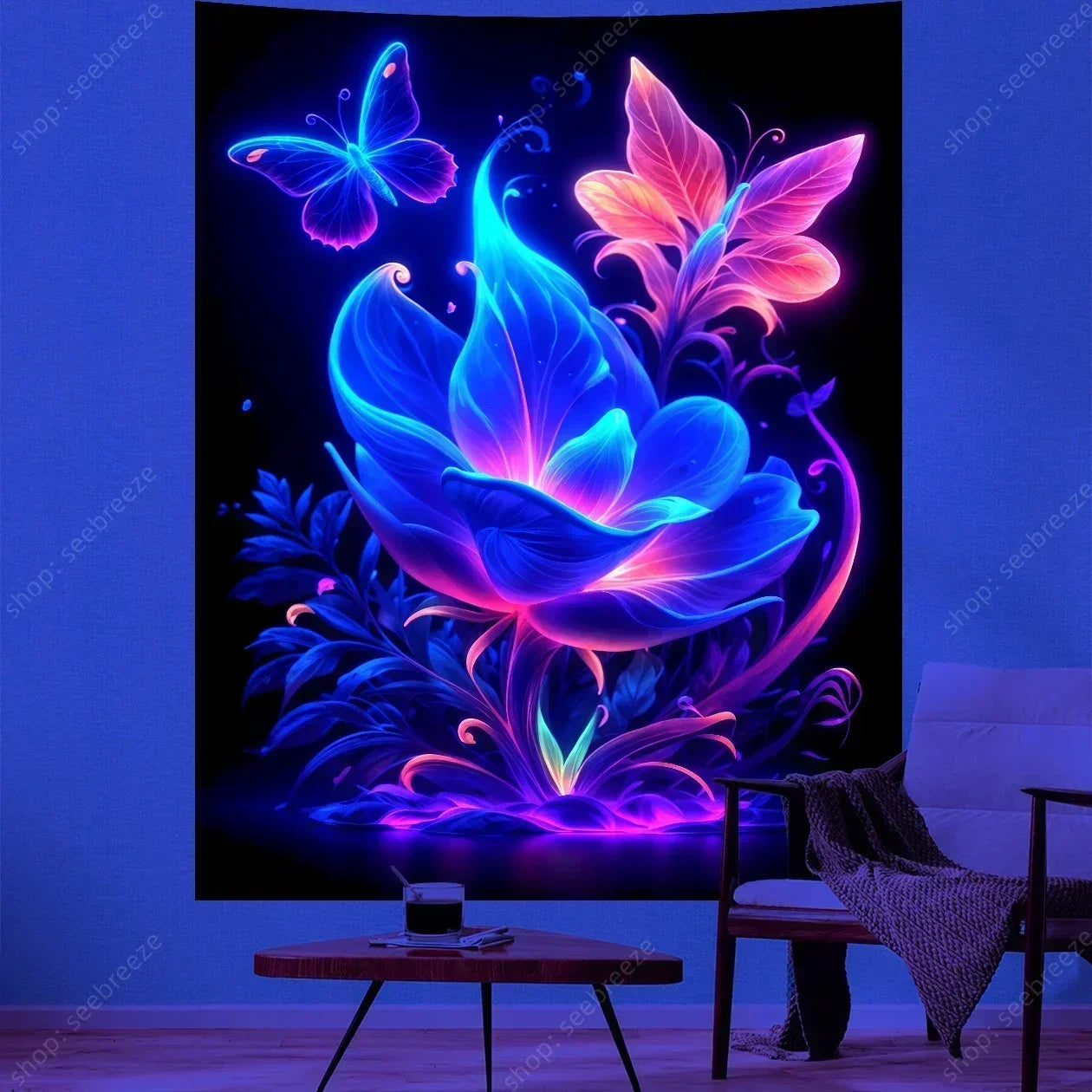 Butterfly Flower UV Reactive Tapestry Wall Hanging Hippie Boho Room Decor
