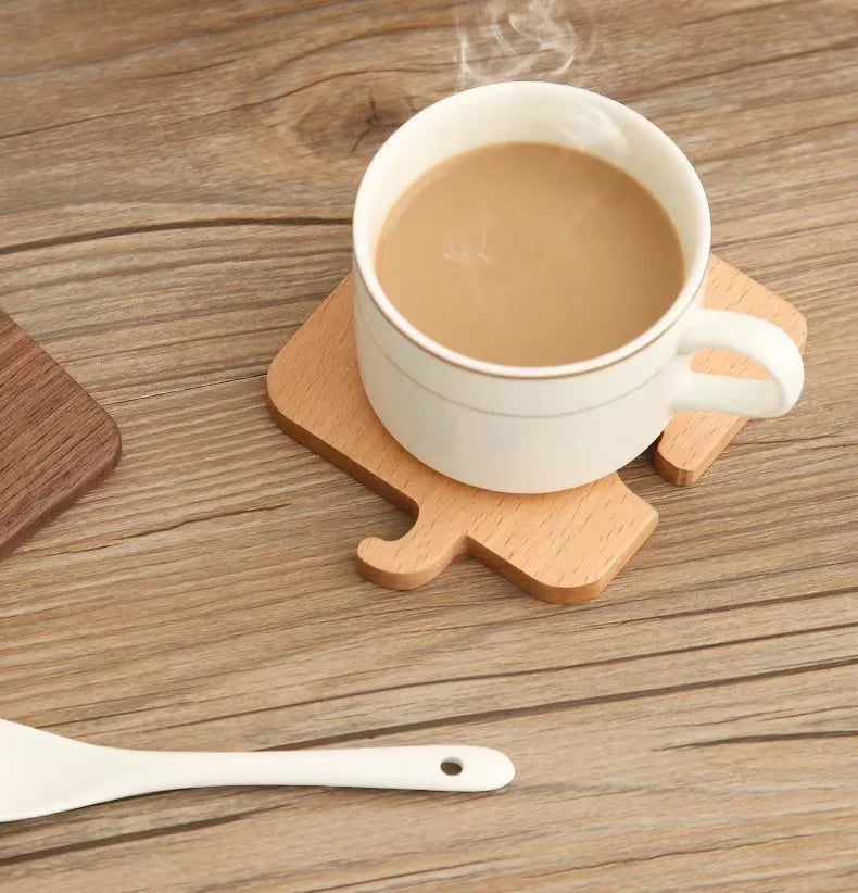 HeMu Cute Elephant Wooden Coaster Set Wood Heat-Resistant Drink Coasters with Holder, Decorative Table Pads for Kitchen, Dining