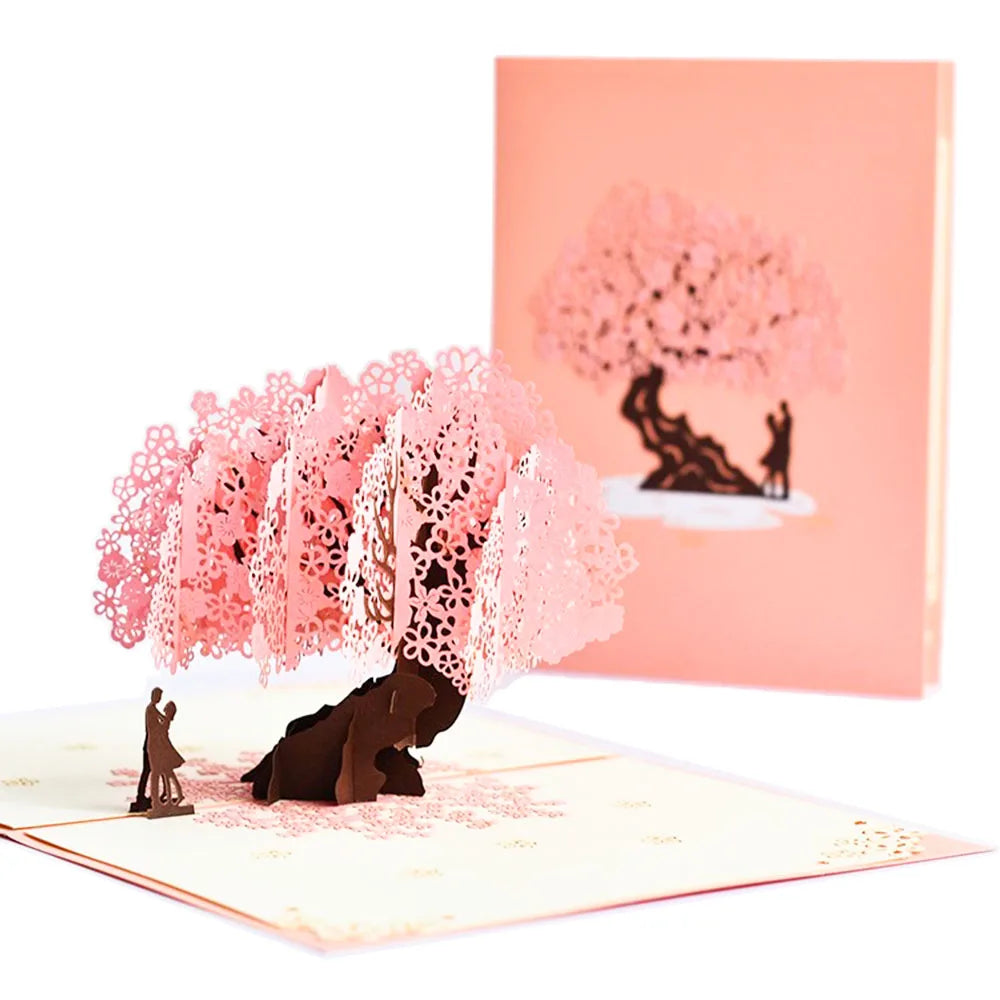 Exquisite 3D Pop Up Peach Blossom Tree Greeting Card Birthday Gifts Rose Flowers Cake Postcard For Children To Blessing Teacher