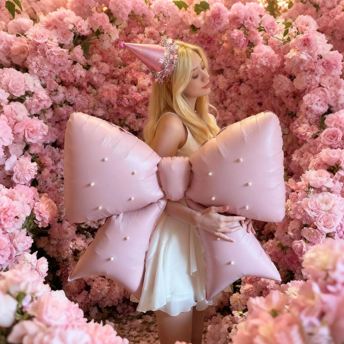 Bow aluminum foil balloon strap with pearl decoration for birthday party, wedding proposal, shower party decoration