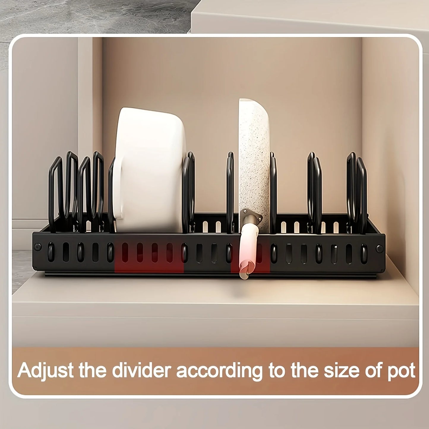 Cookware and Frying Pan Storage Rack with Pull-Out Lid Storage Box, Suitable for Placement under the Cabinet, Featuring a Pot Lid Rack with 8 Adjustable Dividers