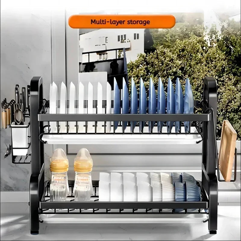 Dish Drying Rack Stainless Steel 2-tier Compact Kitchen Dish Rack Drainboard Large Rust-proof Dish Drainer With Utensil Holder