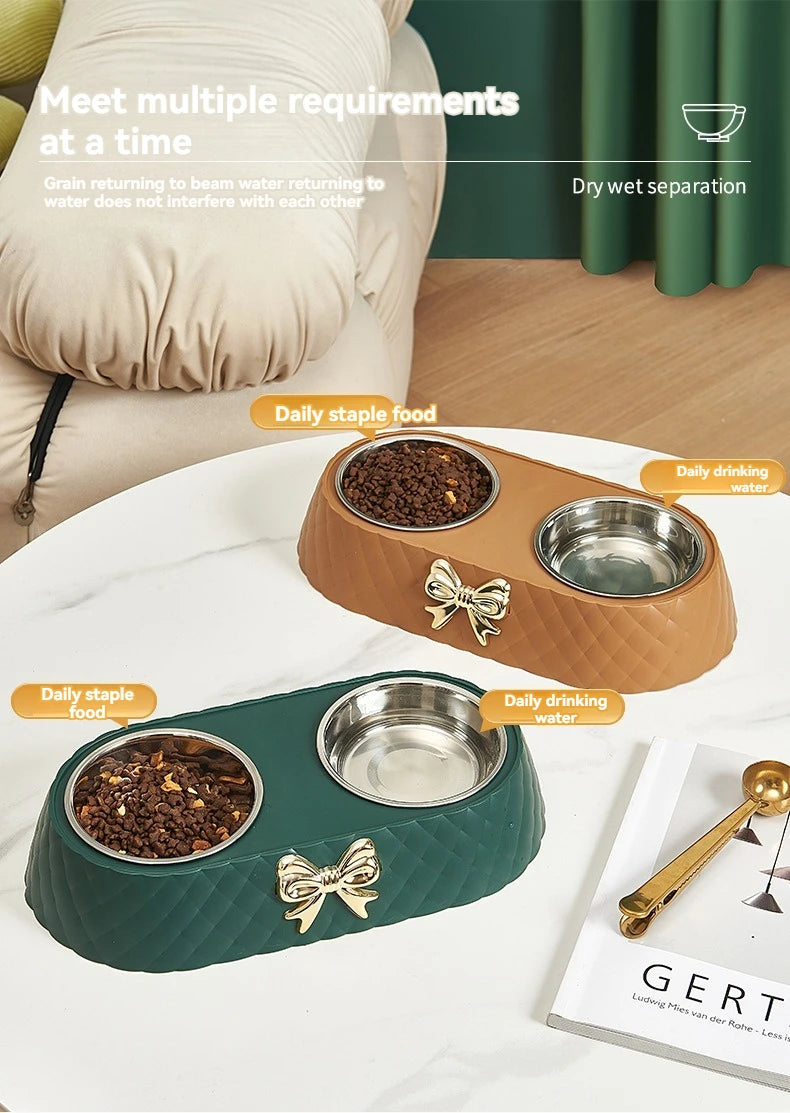Double Pet Bowl for Cats & Dogs – Bow-Tie Design, Stainless Steel Food & Water Feeder with PP Base