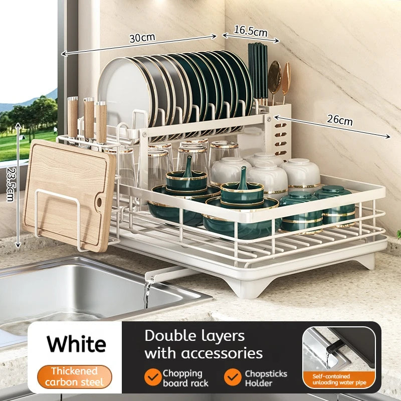 Dish Drying Rack Adjustable Kitchen Plates Organiser with Drainboard Over Sink Plate Drainer Storage Organizer