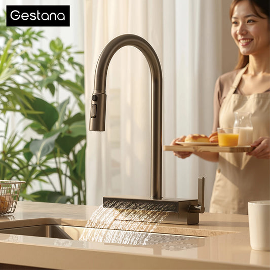 Gun Gray Brass Kitchen Sink Faucet Pull Out Sprayer Hot Cold Mixer Tap LED Digital Display Multifunction 360°Swivel Luxury Crane