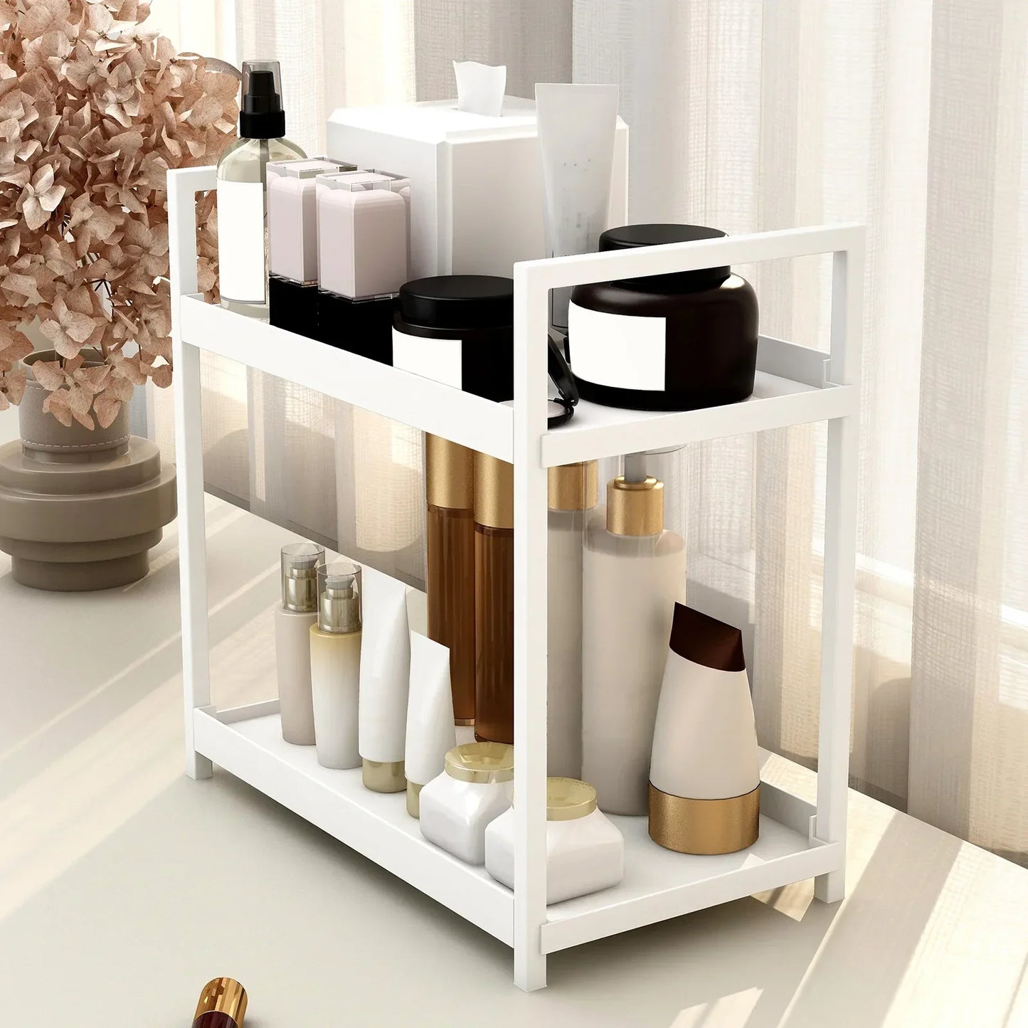 2 Tier Under Sink Organiser Sliding Cabinet Basket Organiser Storage Rack with Hooks Hanging Cup Bathroom Kitchen Organiser