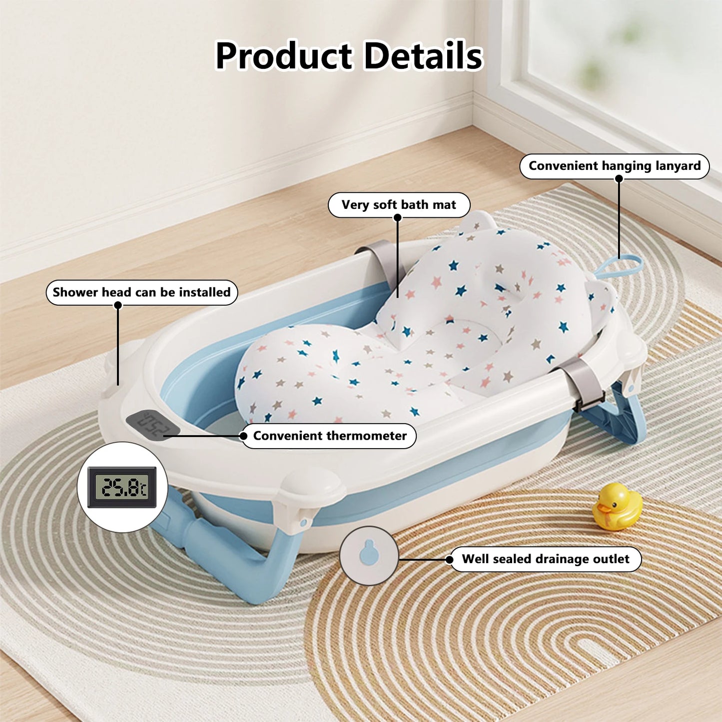 3 in 1 Baby Bath with Stand, Foldable Baby Bath Tub for Newborn to Toddler with Thermometer & Bath Pillow,Multifunctional,Grey