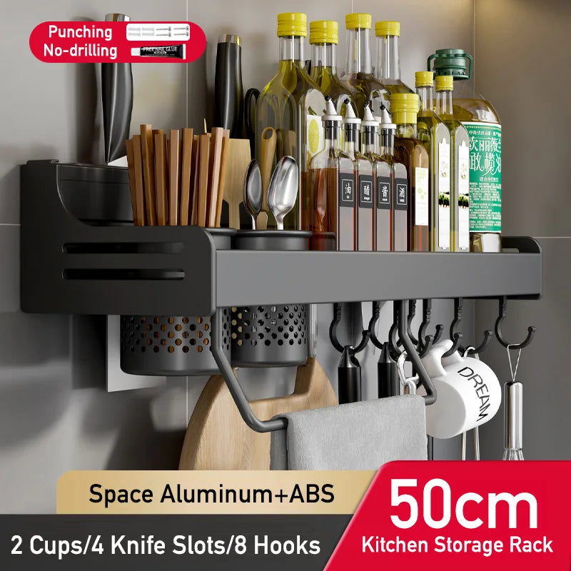No Drill Kitchen Storage Rack Aluminum Wall Mount Spice Seasoning Spoon Knife Stand Holder Rag Dishcloth Rack Organizer Shelf