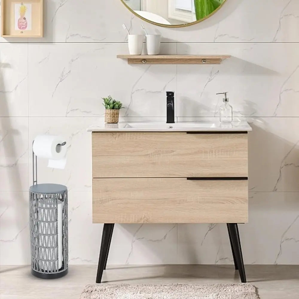 Freestanding Toilet Paper Holder with Storage,3 Rolls of Tissue Holder for Bathroom,Handmade WovenToilet Roll Holder Stand