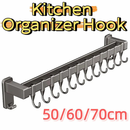 Aluminum Kitchen Organiser Hook Double Pole Wall Mounted Pot Lid Rack Non Punching Movable Hook Spatula Storage Rack Home