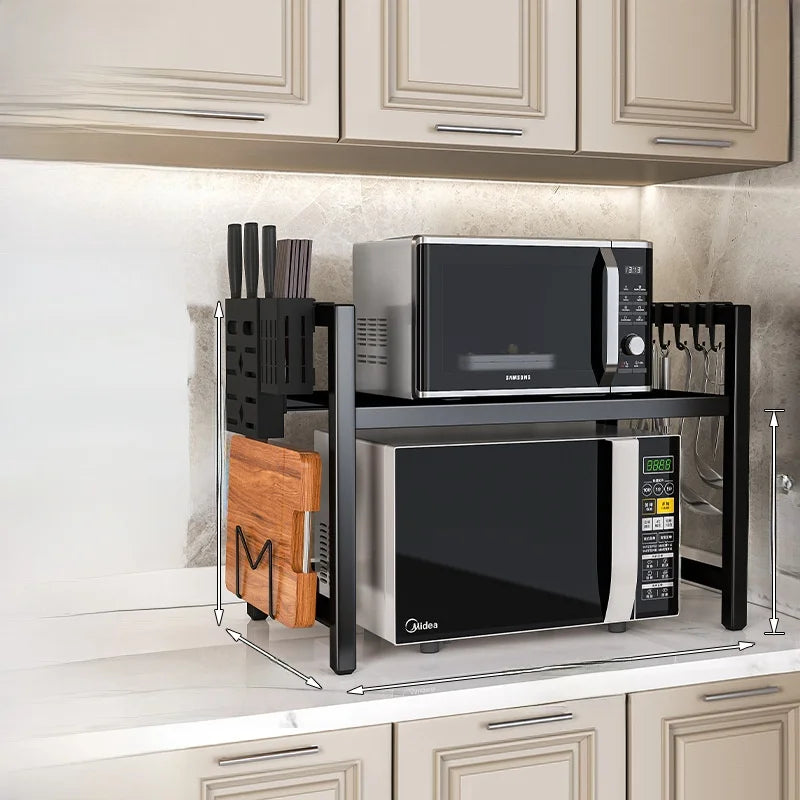 Kitchen Microwave Oven Rack Double Layer Expandable Multi Functional Home Appliance Storage Shelf Carbon Steel No Installatio...