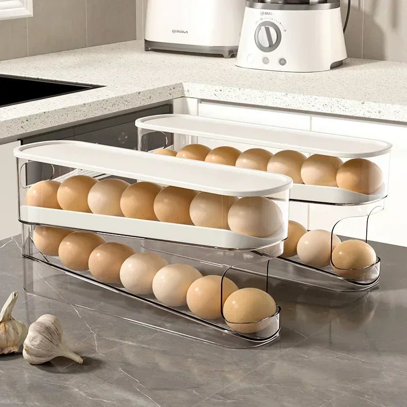 Bilayer Fridge Egg Storage Box Automatic Rolling Eggs Holder Rack Ladder Style Refrigerator Eggs Dispenser Egg Organiser Holder