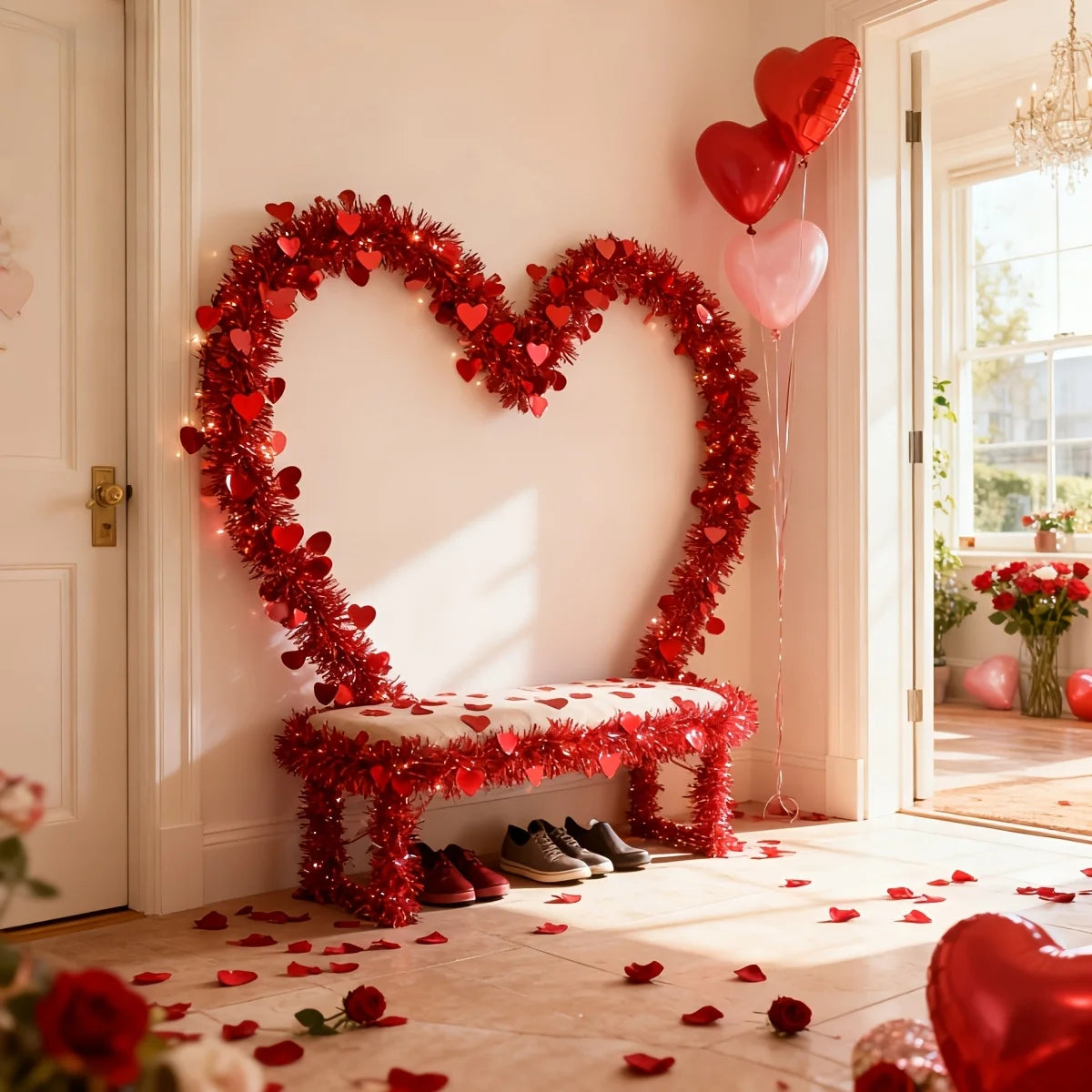 6-meter Artificial Valentine's Day Heart-shaped Vine - Festival Decoration Artificial Flower - Red Heart-shaped Hanging Ribbon