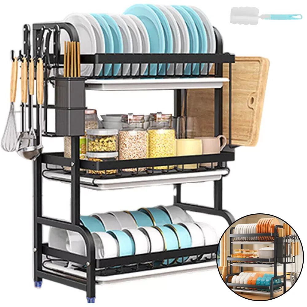 Dish Drying Rack 2/3-Tier Kitchen Organiser Dish Rack Drainboard Set Kitchen Accessories Organize Countertop Dinnerware Storage