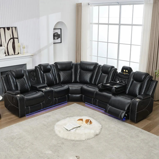 6-Seater Power Recliner Sectional Sofa with Drop-off Table, Faux Leather Electric Sofa Featuring Bass Speaker, LED Light, USB, T
