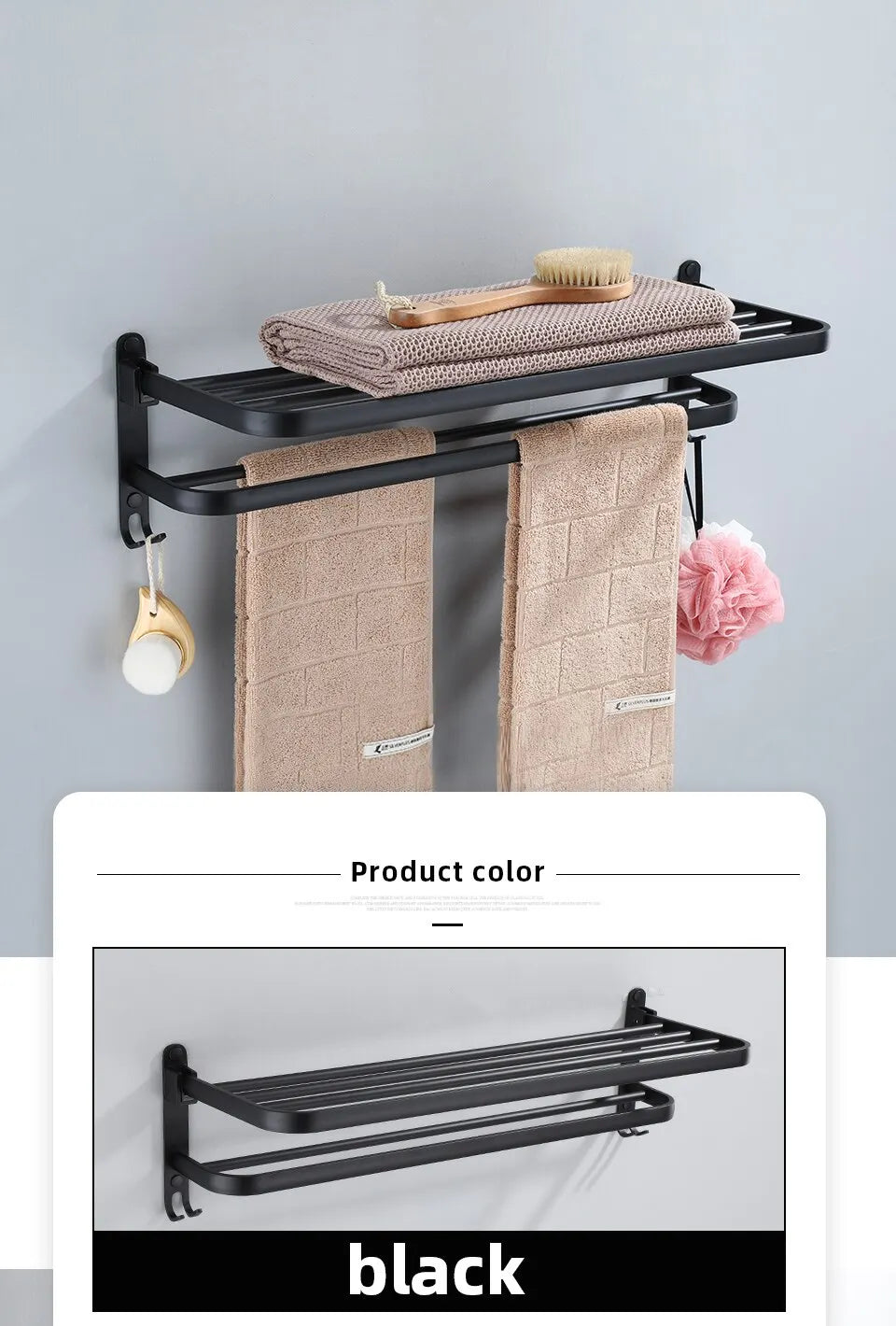 Matte Black 50CM Folding Holder With Hook Towel Holder Wall Mount Aluminum Towel Rack