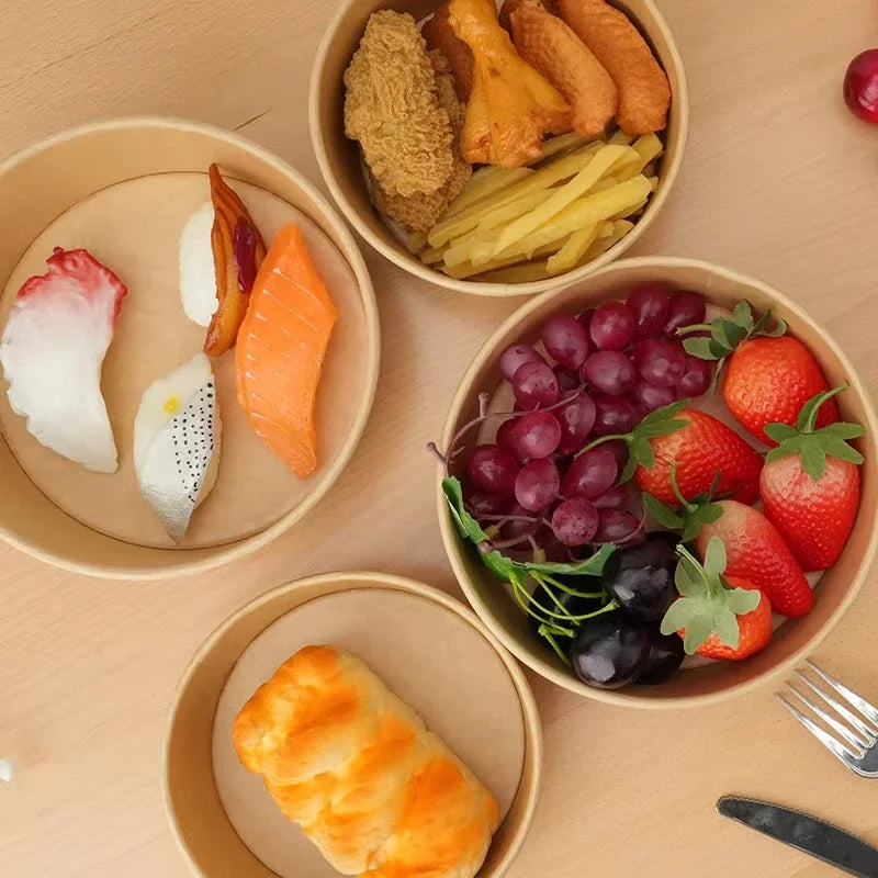 15/30PCS Kraft Paper Bowls Disposable Bowls with Lid Salad Vegetable Soup Kitchen Restaurant Party Snack Storage Supplies