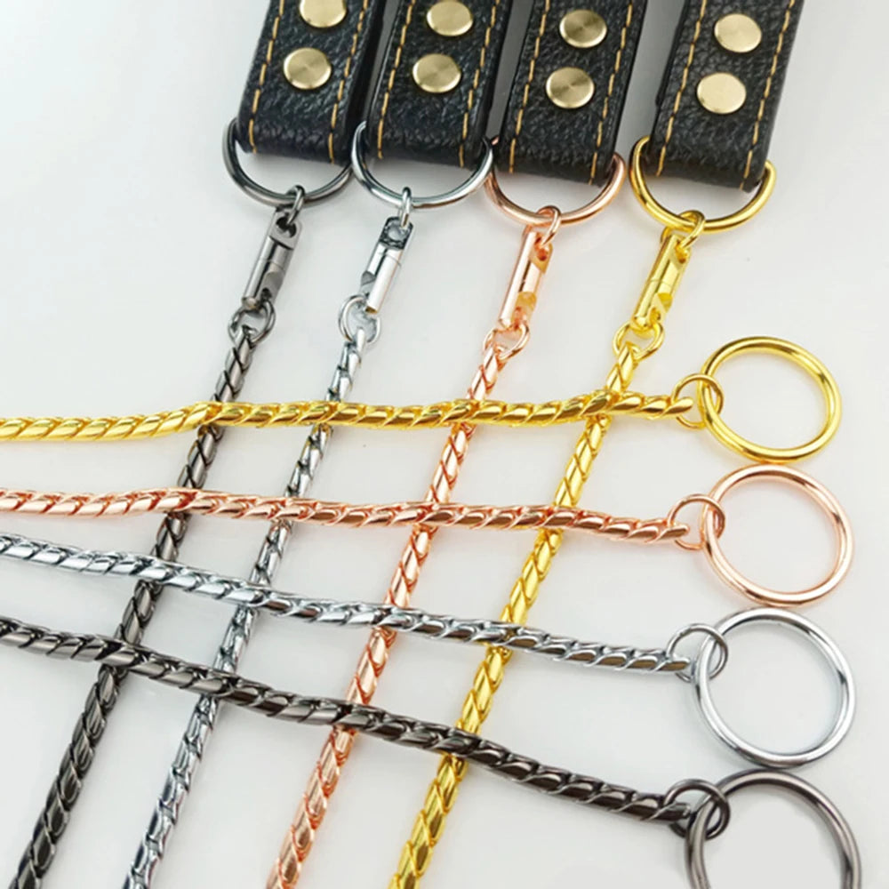 Integrated Dog Slip Chain Collar Leash 3Integrated Dog Slip Chain Collar & Leash – 304 Stainless Steel Choke Collar with Leather Handle for Training and Show04 Stainless Steel Dog Metal Choke Collar Pet Training Leash Show with Leather Handle