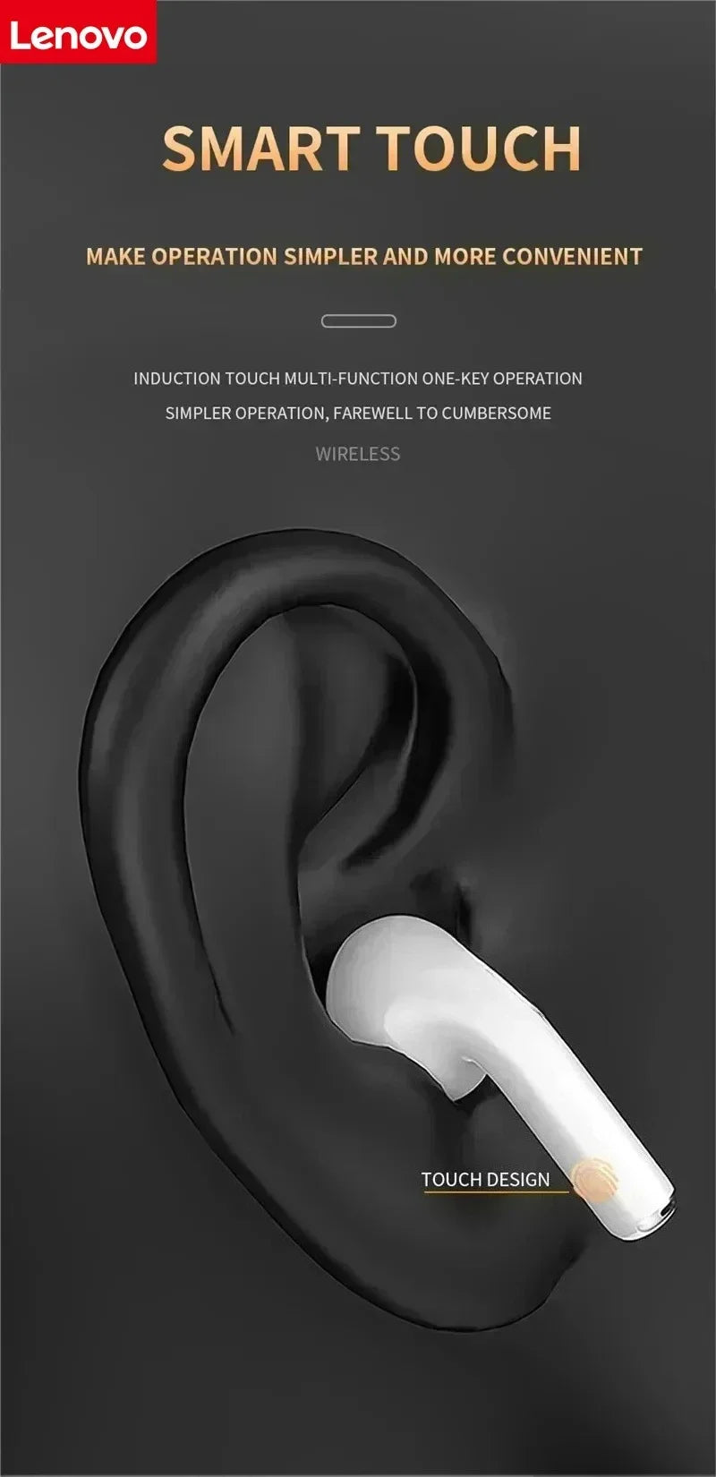 Lenovo Semi-In-Ear Wireless Bluetooth Headphones Touch-Control Sports Headphones 3D Stereo Headphones Suitable for Gaming