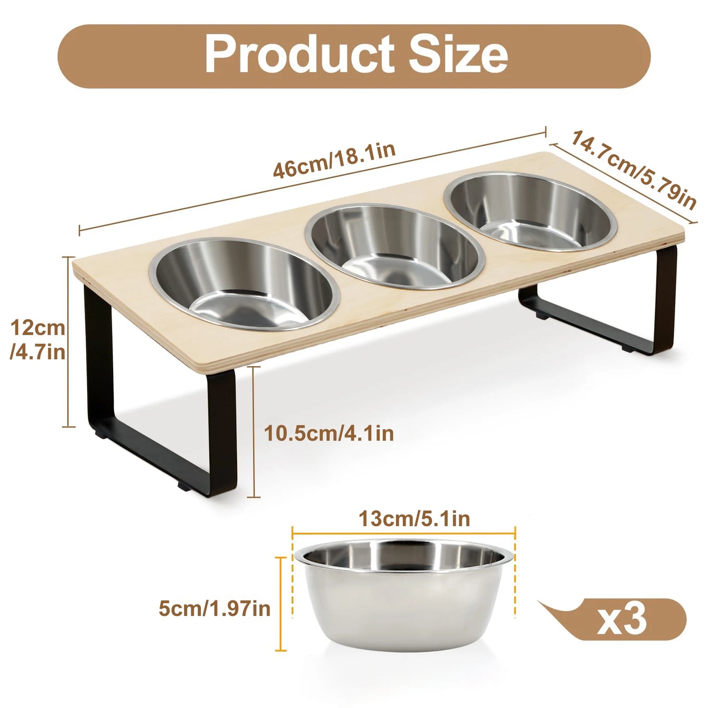 Elevated Cat & Puppy Feeder – 15° Tilted Raised Stand with 3 Stainless Steel Bowls for Food & Water