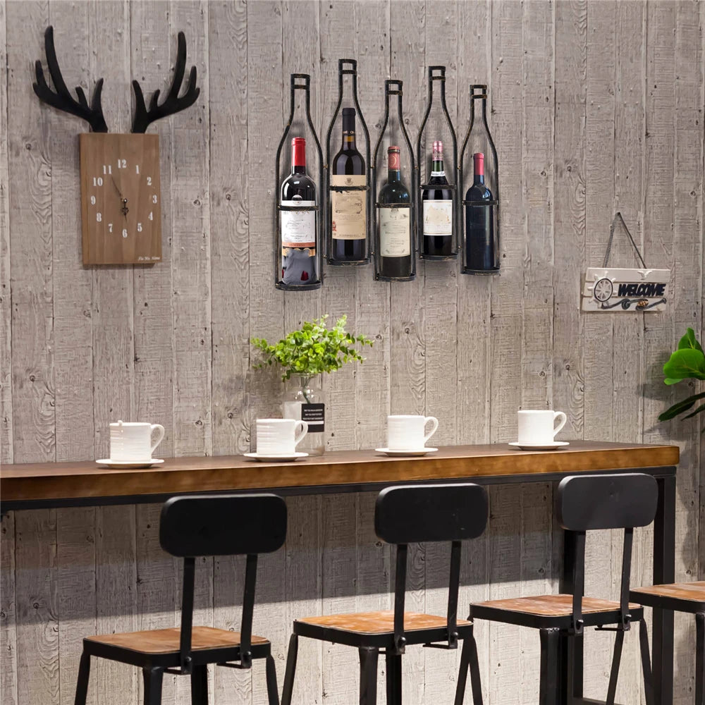 Bronze Vintage Five Bottle Wall-Mounted Wine Rack for Kitchen, Dining Room, Wine Cellar