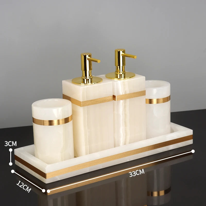 White Onyx Natural Marble Bathroom Accessories Gold Luxury Soap Dispenser Cotton Swab Holder Toothbrush Holder Bathroom Set