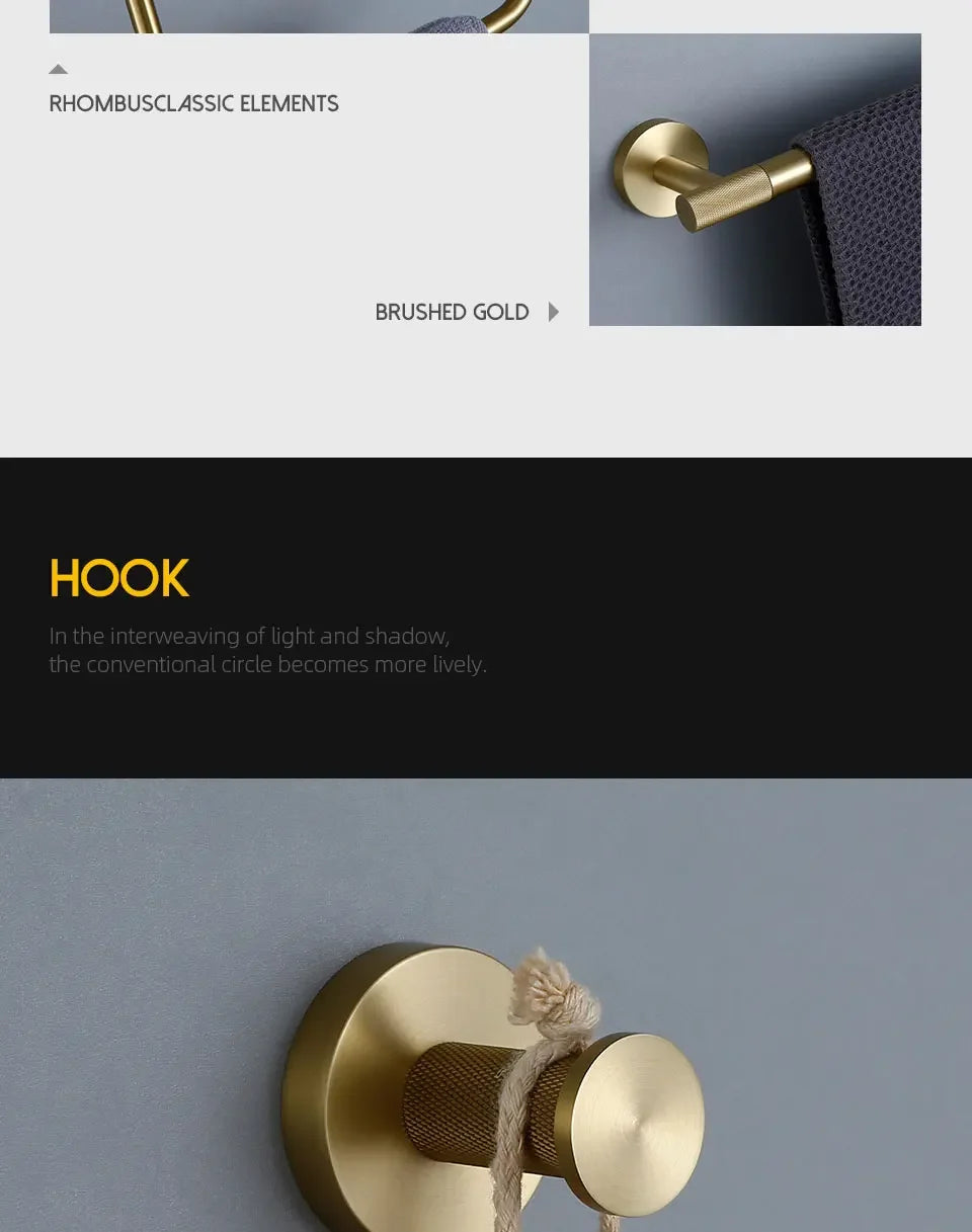 Bathroom Hardware Accessories  Brushed Gold Knurled Brass Kit Towel Bar Ring Robe Hook Paper Holder Towel Ring Toilet Brush
