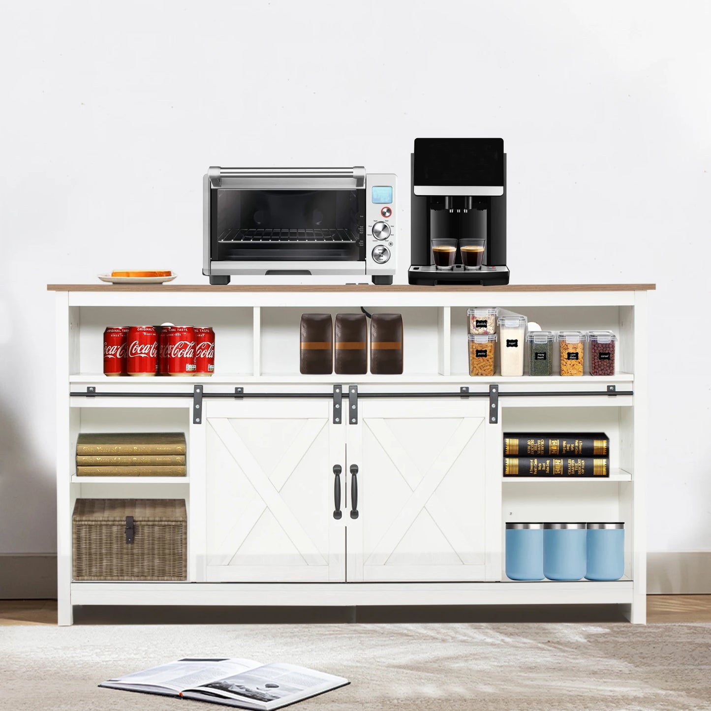 TV Stand Farmhouse Coffee Bar Cabinet Rustic Sliding Barn Door Storage Cabinet with Power Outlet & LED Light, 57" Wooden TV Cabi