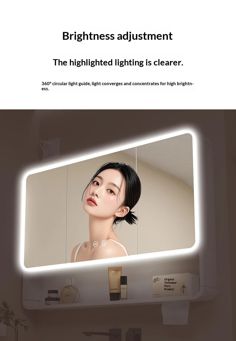 Bathroom Mirror Led Light Wall Mounted Carbon Fiber Curved Rounded Corner Smart Storage Mirror Cabinet Home Furniture Homehold