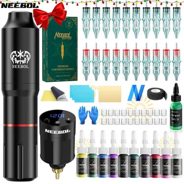Valentine's Day Gift Neebol Wireless Tattoo Machine Kit Complete,Rotary Tattoo Pen,Tattoo Cartridge Needles, inks,Body Art Makeu