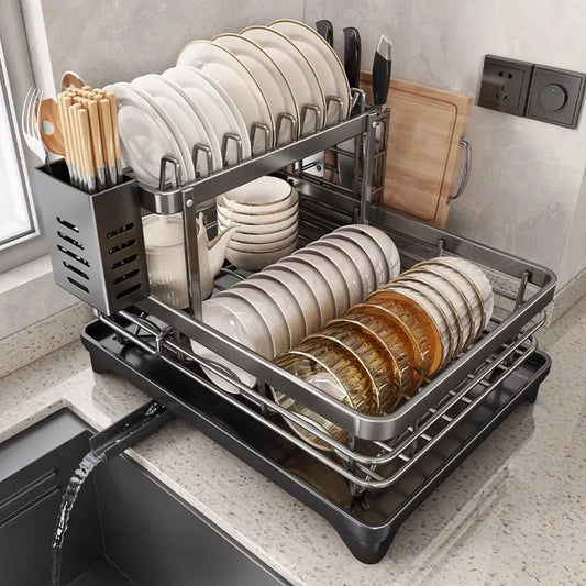 Dish Drying Rack Adjustable Kitchen Plates Organiser with Drainboard Over Sink Plate Drainer Storage Organizer