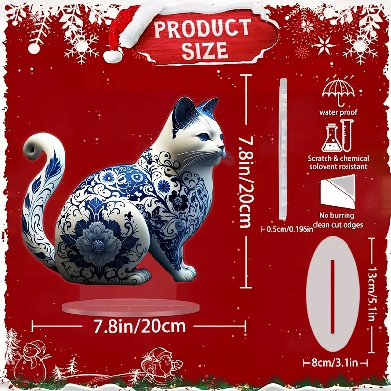 Fashionable Blue White Porcelain Cat Ornament With Acrylic Bracket - Waterproof Multi Functional Home, Office, And Cafe