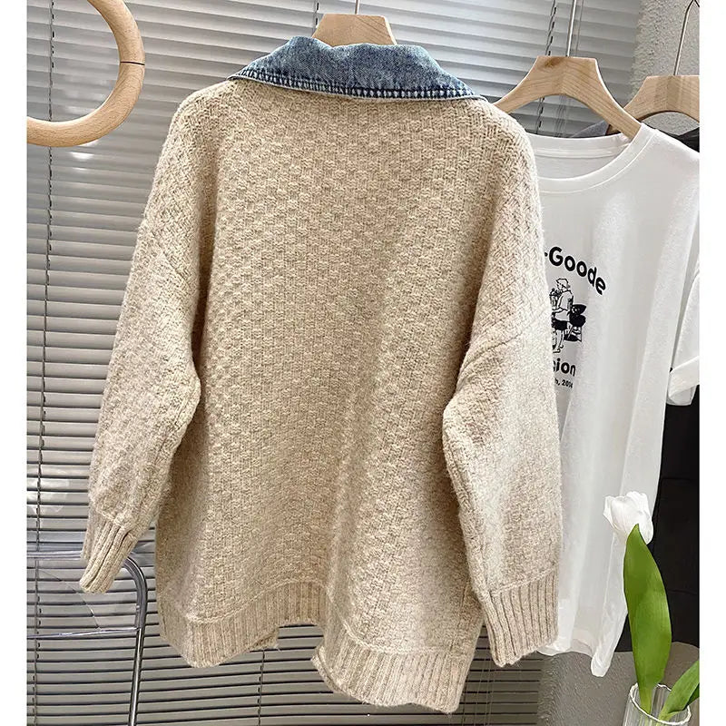 Women’s Denim Splice Knit Cardigan Jacket – Long Sleeve Oversized Patchwork Sweater Coat (Grey or Beige)