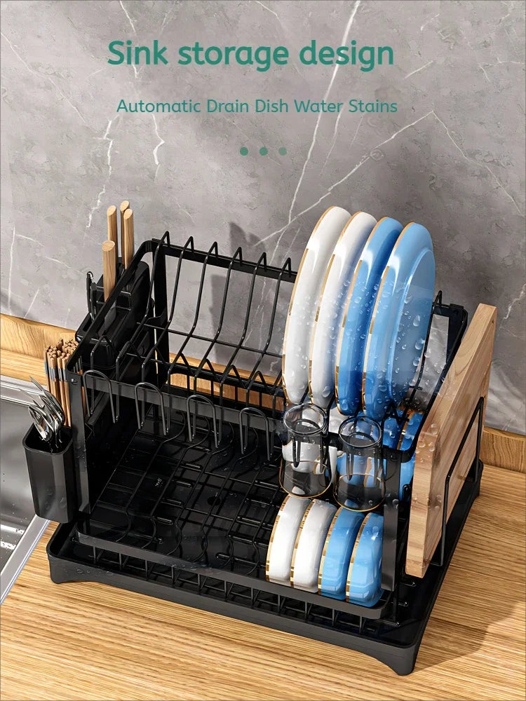 Black 2 Tier Dish Drying Rack Multifunctional Kitchen Bowl Dish Drain Rack Complete Set for Tableware Cutlery Cup Storage