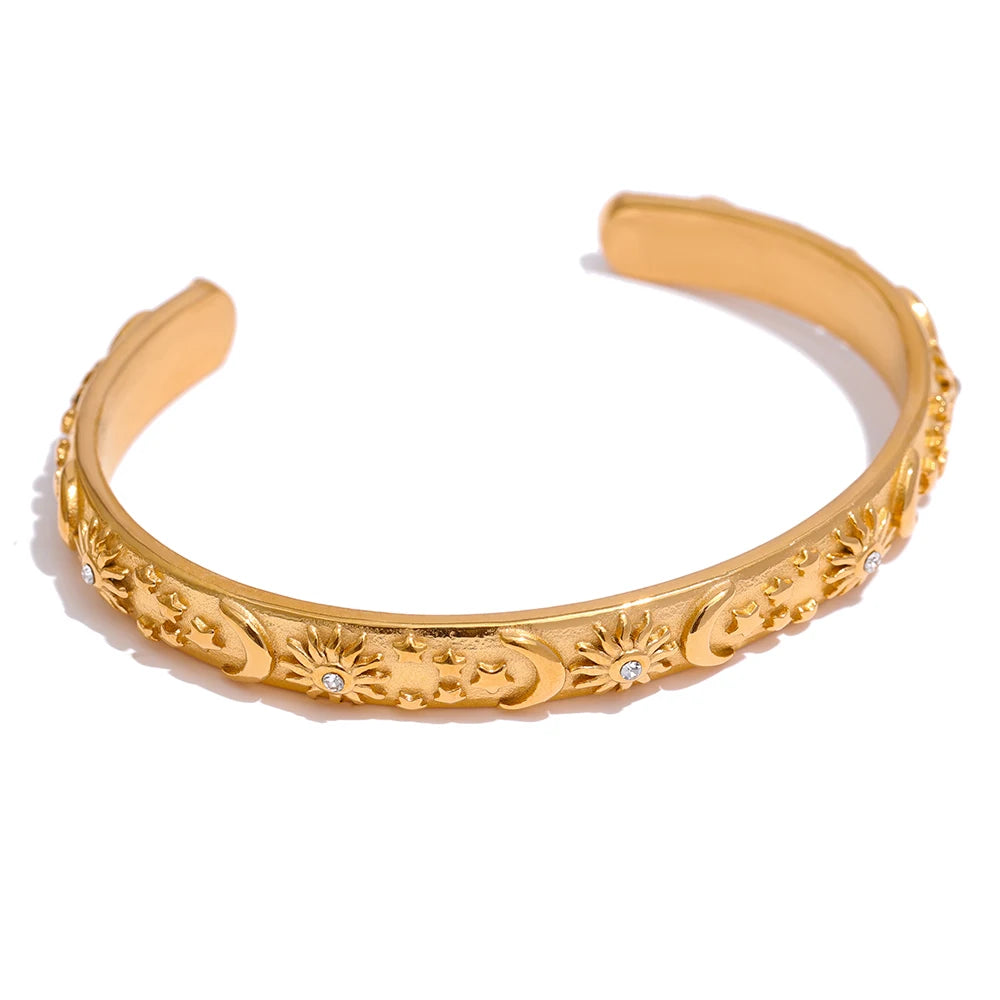 Yhpup Golden Stainless Steel Moon Star Sun Bangle Bracelet  Stylish Metal Open Wrist браслеты на руку женкие Party Gift