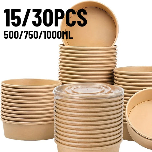 15/30PCS Kraft Paper Bowls Disposable Bowls with Lid Salad Vegetable Soup Kitchen Restaurant Party Snack Storage Supplies